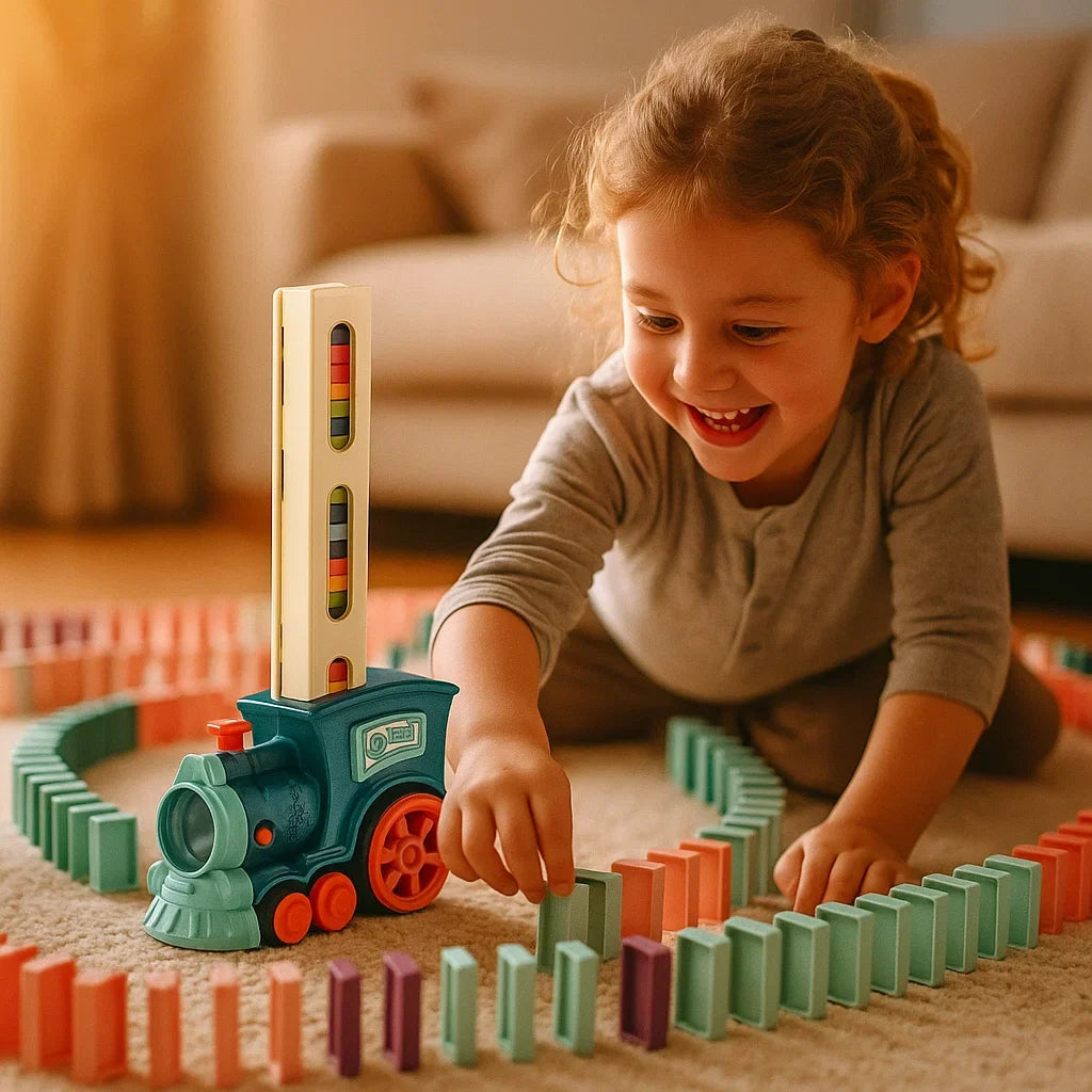 Automatic Domino Train Toy with Colorful Pieces and Battery Power for Kids Ages 3 and Up