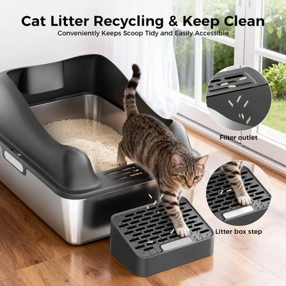 Stainless Steel Cat Litter Box | Extra Large 100L Enclosed Litter Box with Smart Odor Control, Auto Pause Sensor, 180° Flip Lid for Easy Cleaning, Anti-Leak High Walls, Step Mat & Scoop | Ideal for Multiple Cats allveramart