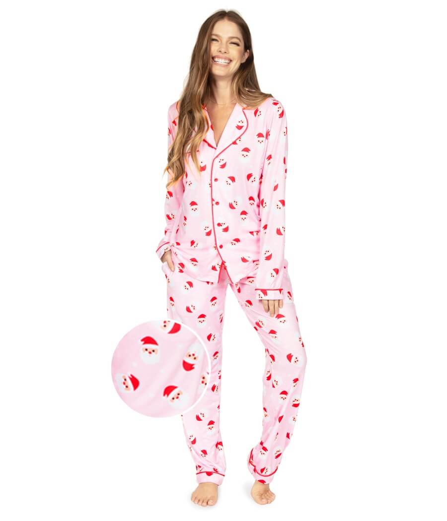 Womens Pink Holiday Loungewear Set with Santa Motif and Lapel Style Top