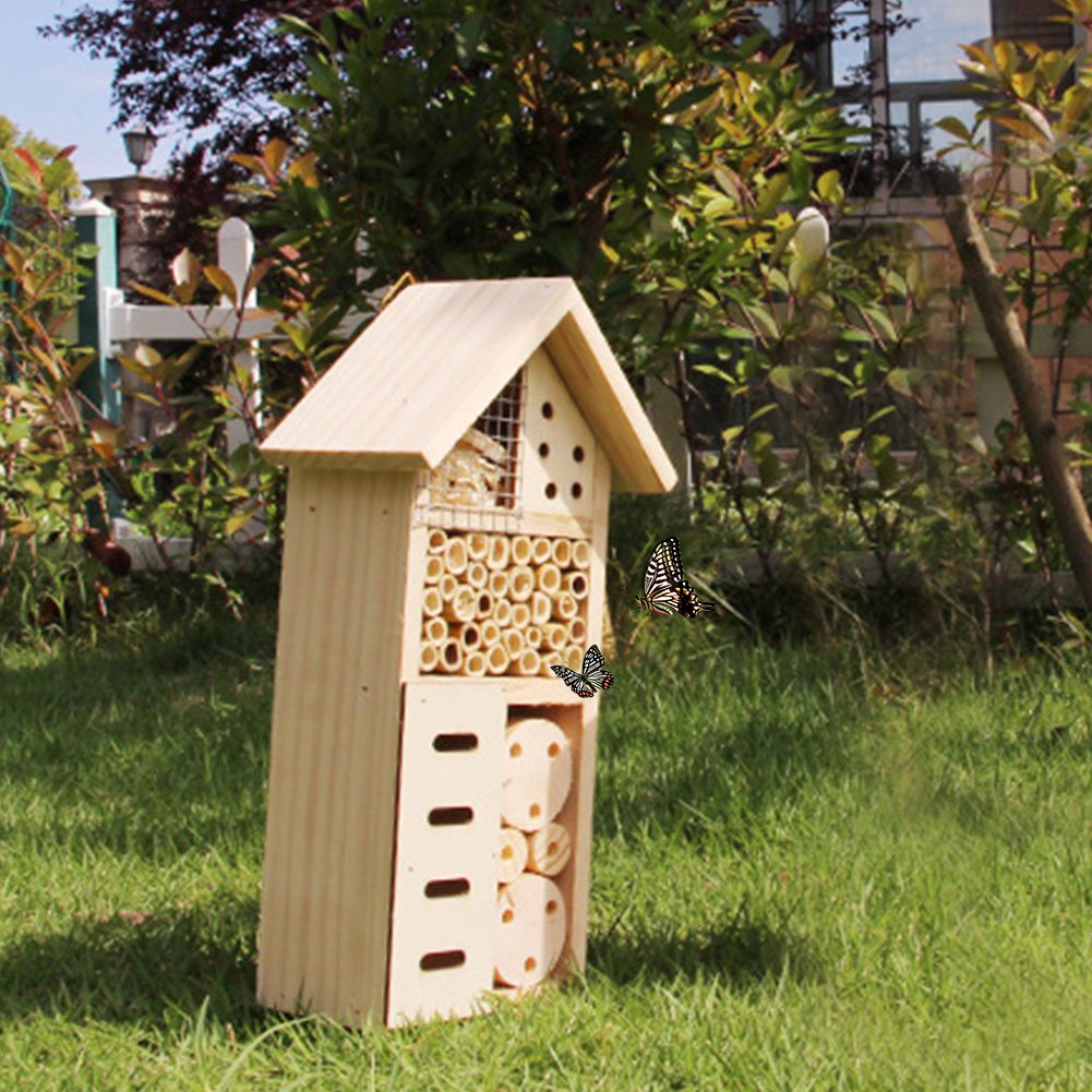 Wooden Insect Shelter with Multiple Nesting Chambers for Bees and Garden Pollinators