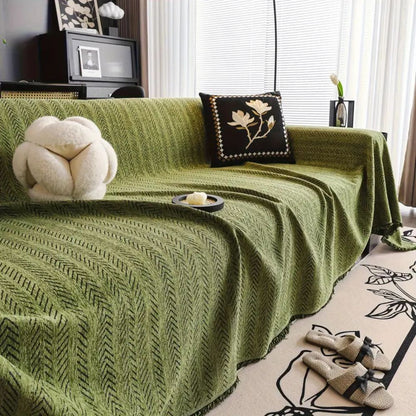 Microfiber Chenille Sofa Cover with Herringbone Pattern and Tassel Trim, Pet Friendly
