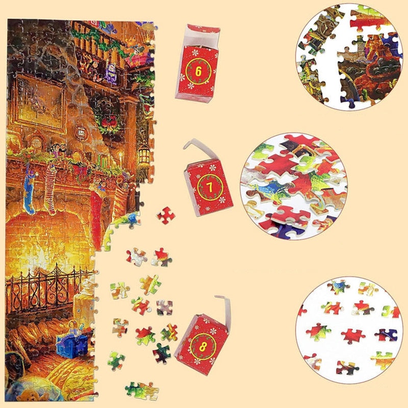 Countdown Puzzle Calendar with 24 Daily Boxes of Cardboard Pieces That Build One Christmas Scene