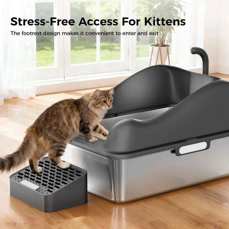 Stainless Steel Cat Litter Box | Extra Large 100L Enclosed Litter Box with Smart Odor Control, Auto Pause Sensor, 180° Flip Lid for Easy Cleaning, Anti-Leak High Walls, Step Mat & Scoop | Ideal for Multiple Cats allveramart