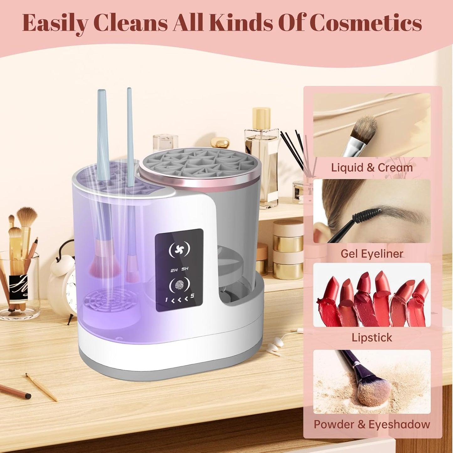 Automatic Spinning Makeup Brush Cleaner with Multiple Silicone Collars and Clear Bowl