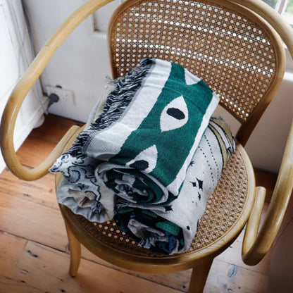Reversible Cotton Throw Blanket with Snake Eye Pattern and Tassel Edges, Green and Cream