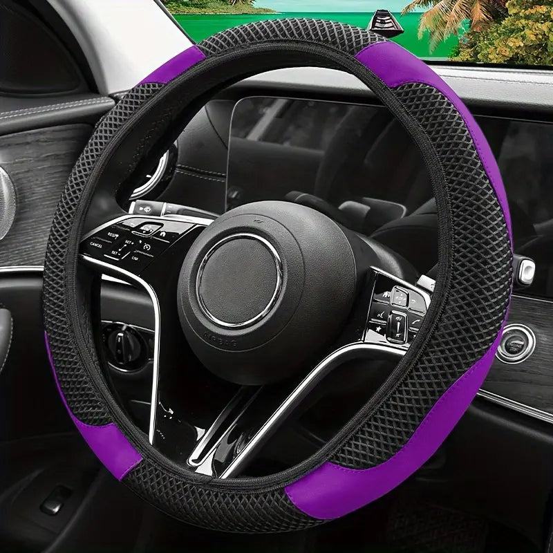 Non inner circle ice silk mesh+wear-resistant PU leather splicing steering wheel cover, breathable and sweat absorbing, universal anti slip handle cover allveramart