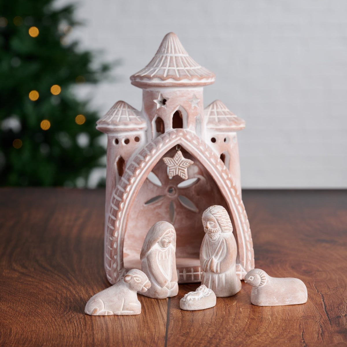 Terracotta Nativity of Six Pieces with a Three Spire Palace Backdrop and Carved Surface Details