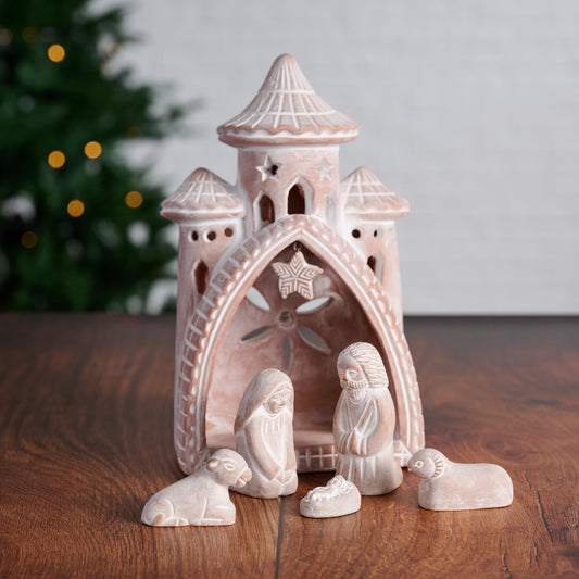 Terracotta Nativity of Six Pieces with a Three Spire Palace Backdrop and Carved Surface Details