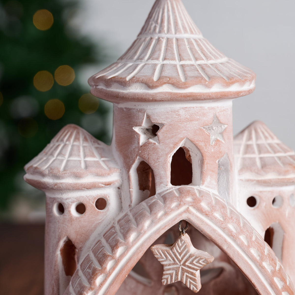 Terracotta Nativity of Six Pieces with a Three Spire Palace Backdrop and Carved Surface Details