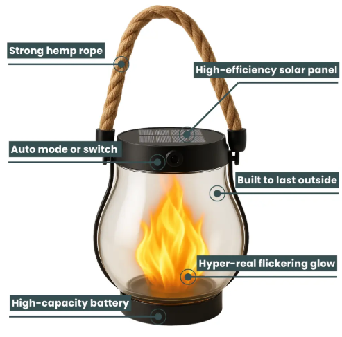 Solar Flame Light with Flickering LED Effect and Automatic Dusk Sensor, 10 Inch Waterproof