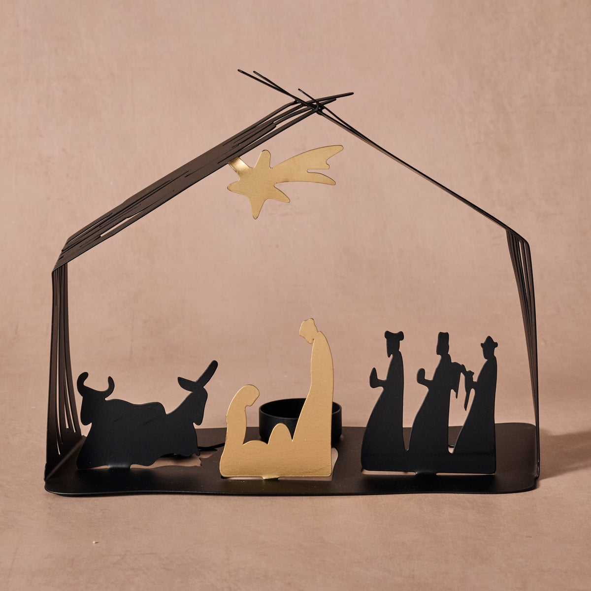 Silhouette Nativity Creche in Black Iron with Soldered Corners, Golden Figures and a Tea Light Cup