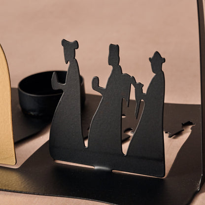 Silhouette Nativity Creche in Black Iron with Soldered Corners, Golden Figures and a Tea Light Cup