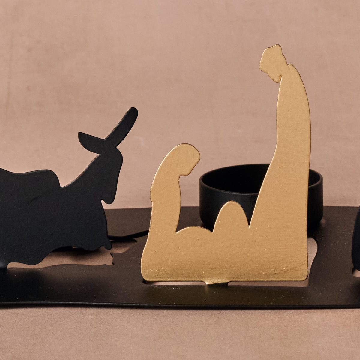 Silhouette Nativity Creche in Black Iron with Soldered Corners, Golden Figures and a Tea Light Cup