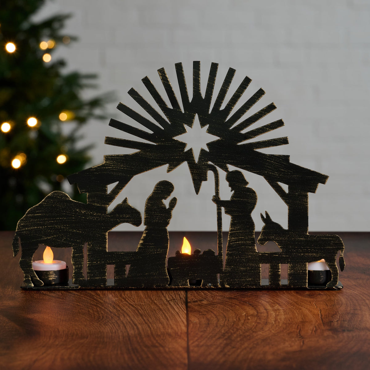 Nativity Candleholder in Black Iron with Three Tealight Cups and a Burst for the Star of Bethlehem