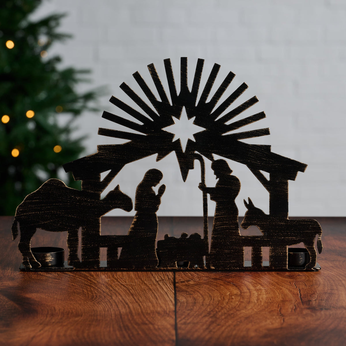 Nativity Candleholder in Black Iron with Three Tealight Cups and a Burst for the Star of Bethlehem