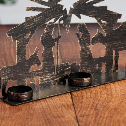 Nativity Candleholder in Black Iron with Three Tealight Cups and a Burst for the Star of Bethlehem