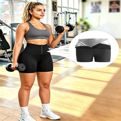 Women's Solid High Waist Breathable Waistband Sauna Shorts, Breathable Comfortable Tummy Control Hip Lift Sauna Shorts, Ladies Sportswear for Indoor Outdoor Wear allveramart