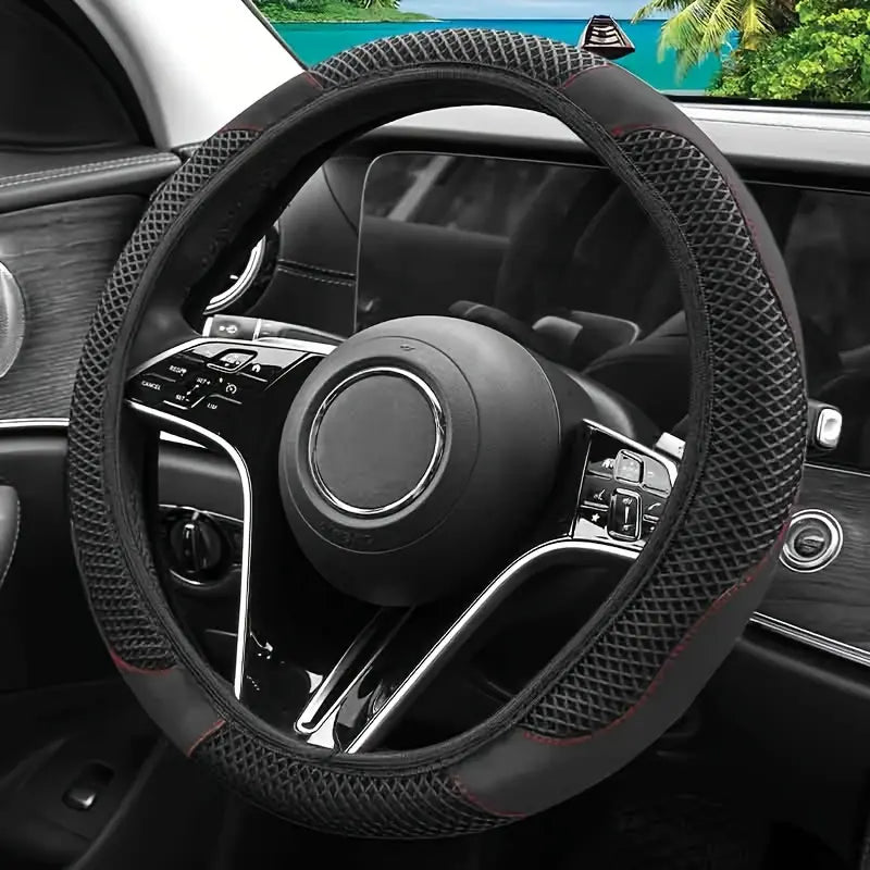 Non inner circle ice silk mesh+wear-resistant PU leather splicing steering wheel cover, breathable and sweat absorbing, universal anti slip handle cover allveramart