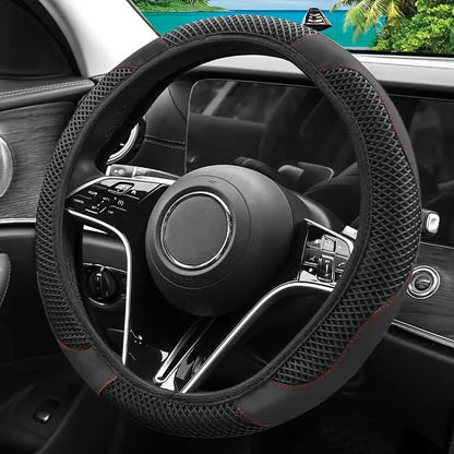 Non inner circle ice silk mesh+wear-resistant PU leather splicing steering wheel cover, breathable and sweat absorbing, universal anti slip handle cover allveramart