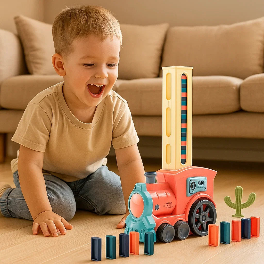 Automatic Domino Train Toy with Colorful Pieces and Battery Power for Kids Ages 3 and Up