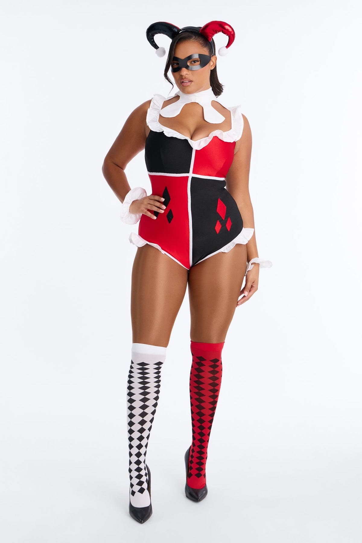 Six Piece Red Romper Costume Set with Ruffle Cuffs, Mask, and Thigh Highs