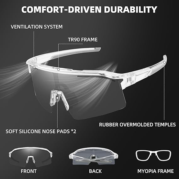 Photochromic Sports Sunglasses with UV Protection and Gray Tint, Unisex All Vera Mart