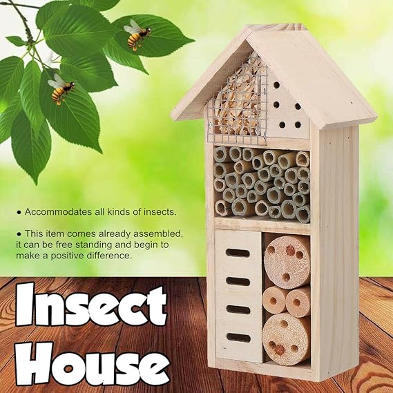 Wooden Insect Shelter with Multiple Nesting Chambers for Bees and Garden Pollinators