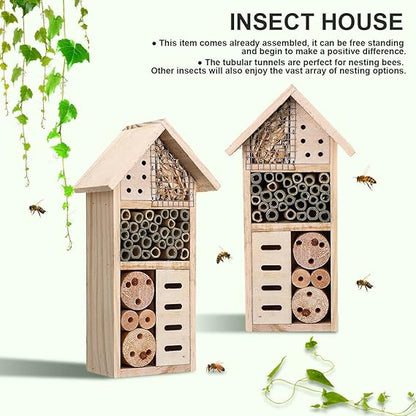 Wooden Insect Shelter with Multiple Nesting Chambers for Bees and Garden Pollinators