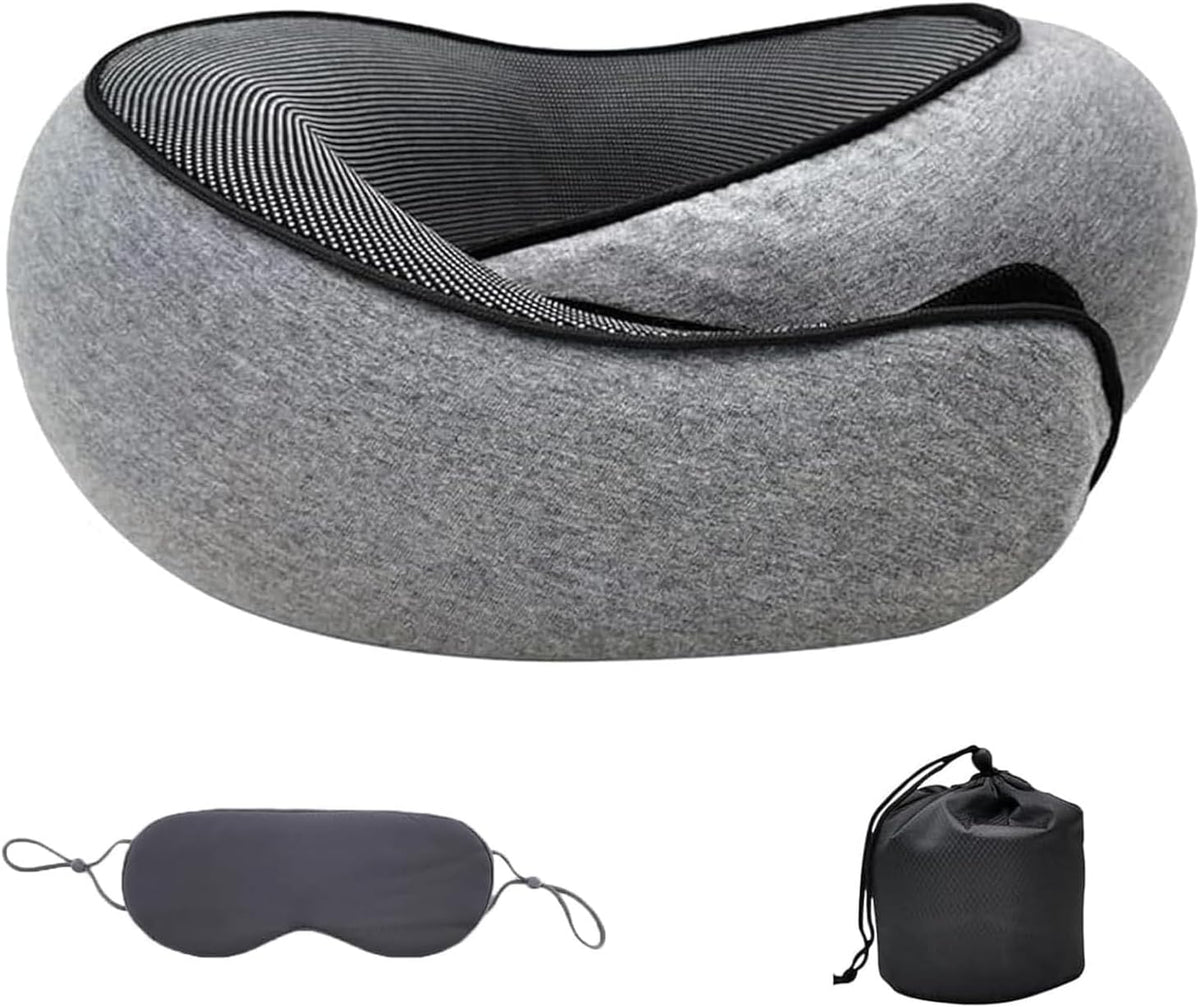 Memory Foam Neck Pillow with Adjustable Strap and Removable Cotton Cover, Includes Carry Bag