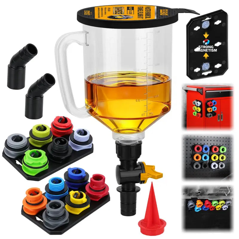 18-Piece Automotive Engine Oil Funnel Toolkit, 1.59QT/1.5L Car Maintenance Tools with 12 Adapters, Elbow Fitting, Arrow Screen, Magnetic Storage Hooks Tray, Tools for Mechanics, Car Stuff Compatible with GM, Ford, BMW, Audi, Land Rover allveramart