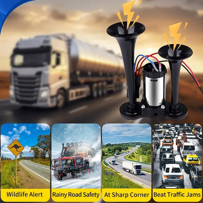 2026 Upgraded 12V 130DB Air Horn Dual Horn, Horn Kit with Air Compressor,Dual Electric Air Horns Kit with Compressor for Vehicles Trucks Pickup Trains Lorrys SUVs Cars Boats (12V SilverBlack) Alarm for Home Security, allveramart