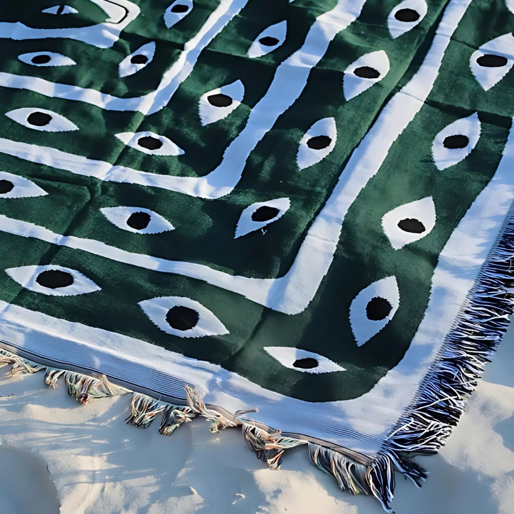 Reversible Cotton Throw Blanket with Snake Eye Pattern and Tassel Edges, Green and Cream