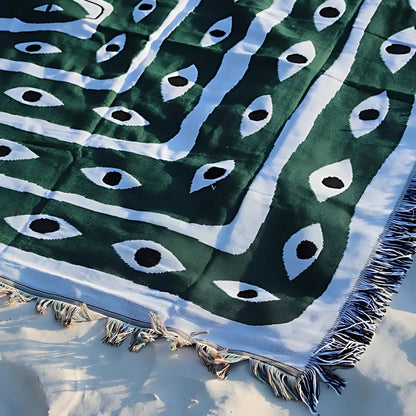 Reversible Cotton Throw Blanket with Snake Eye Pattern and Tassel Edges, Green and Cream