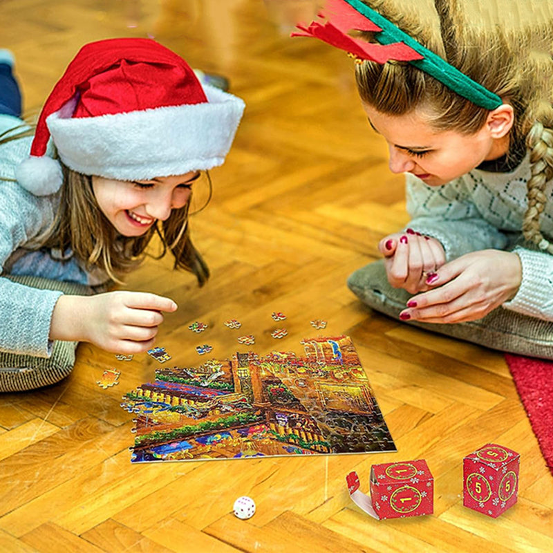 Countdown Puzzle Calendar with 24 Daily Boxes of Cardboard Pieces That Build One Christmas Scene