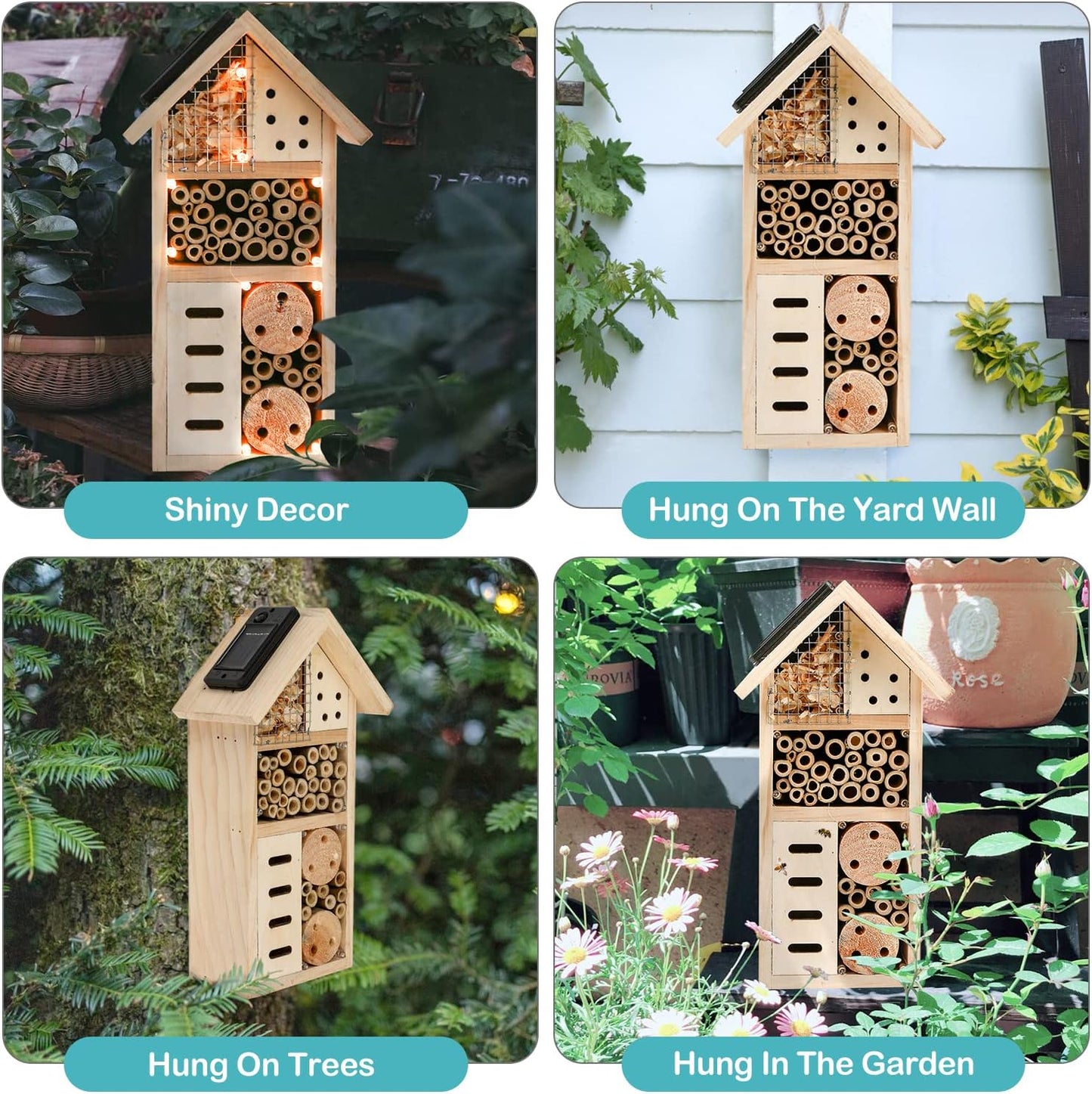 Wooden Insect Shelter with Multiple Nesting Chambers for Bees and Garden Pollinators