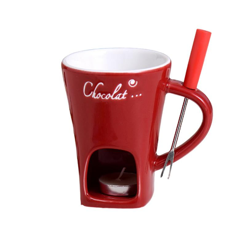 Ceramic Fondue Cup with Stainless Steel Fork and Wax Candle