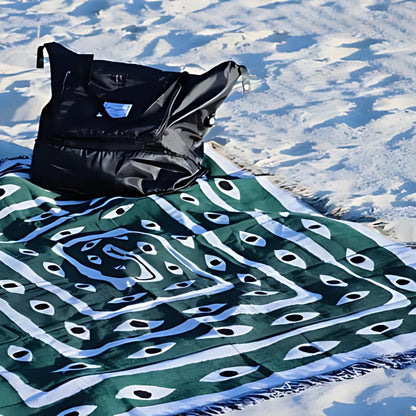 Reversible Cotton Throw Blanket with Snake Eye Pattern and Tassel Edges, Green and Cream