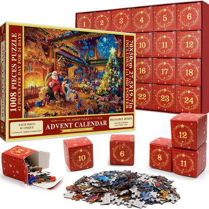 Countdown Puzzle Calendar with 24 Daily Boxes of Cardboard Pieces That Build One Christmas Scene