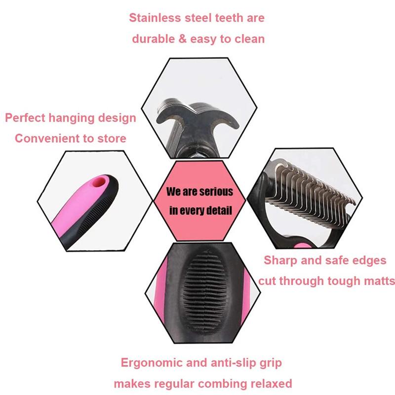 Pet Grooming Brush with Steel Teeth and TPR Grip for Medium to Long Fur