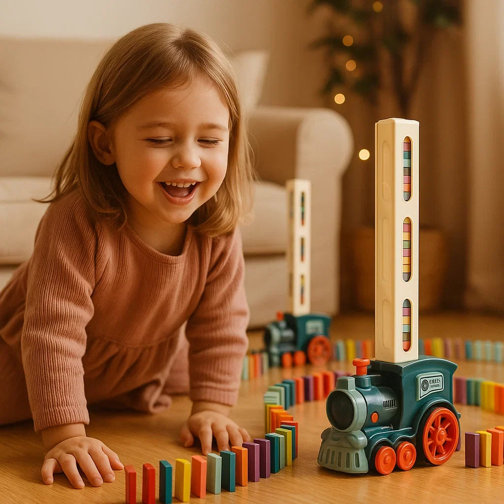 Automatic Domino Train Toy with Colorful Pieces and Battery Power for Kids Ages 3 and Up