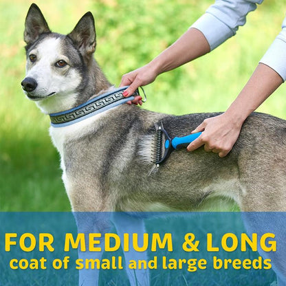Pet Grooming Brush with Steel Teeth and TPR Grip for Medium to Long Fur