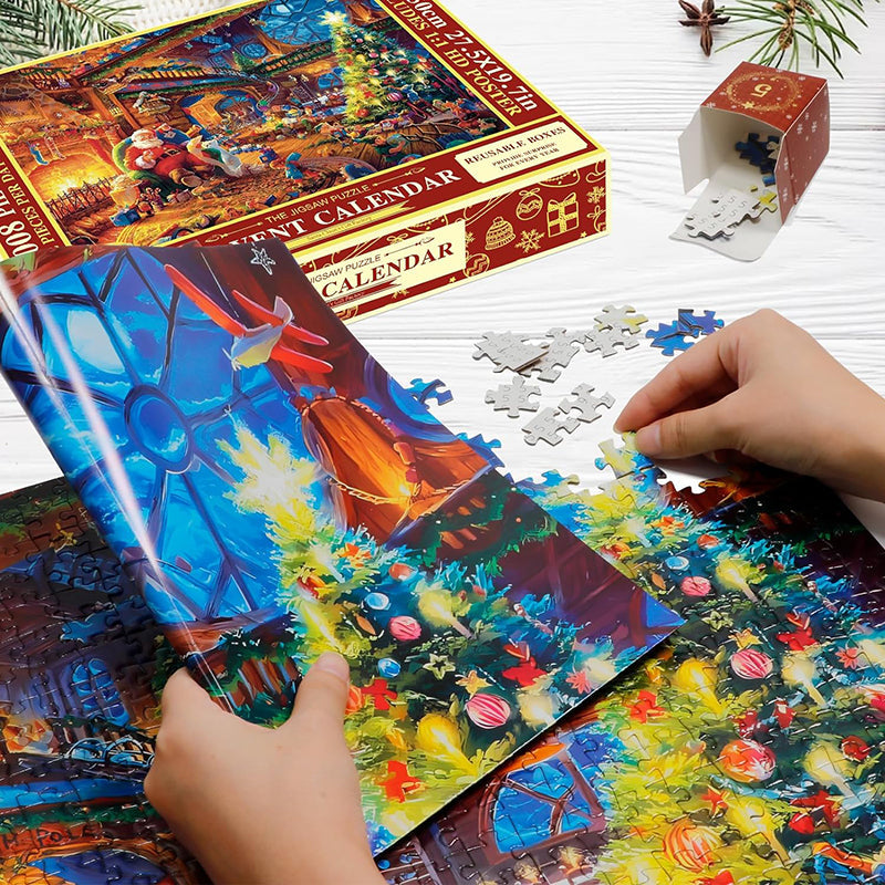 Countdown Puzzle Calendar with 24 Daily Boxes of Cardboard Pieces That Build One Christmas Scene