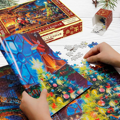 Countdown Puzzle Calendar with 24 Daily Boxes of Cardboard Pieces That Build One Christmas Scene