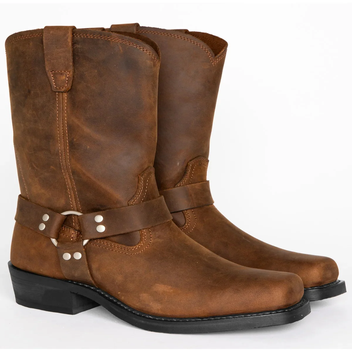 Mens 11 Inch Harness Boots with a Harness Strap, Silver Rivets and a Double Stitched Upper in Three Colors