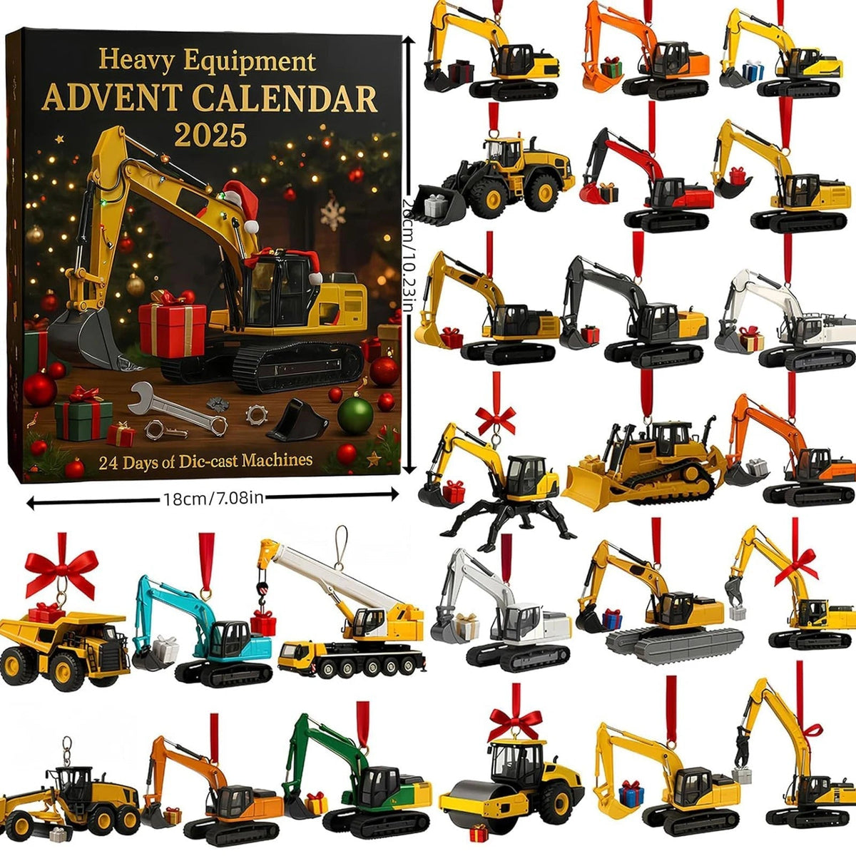 Construction Vehicle Calendar with 24 Acrylic Ornaments to Hang on the Tree One Day at a Time