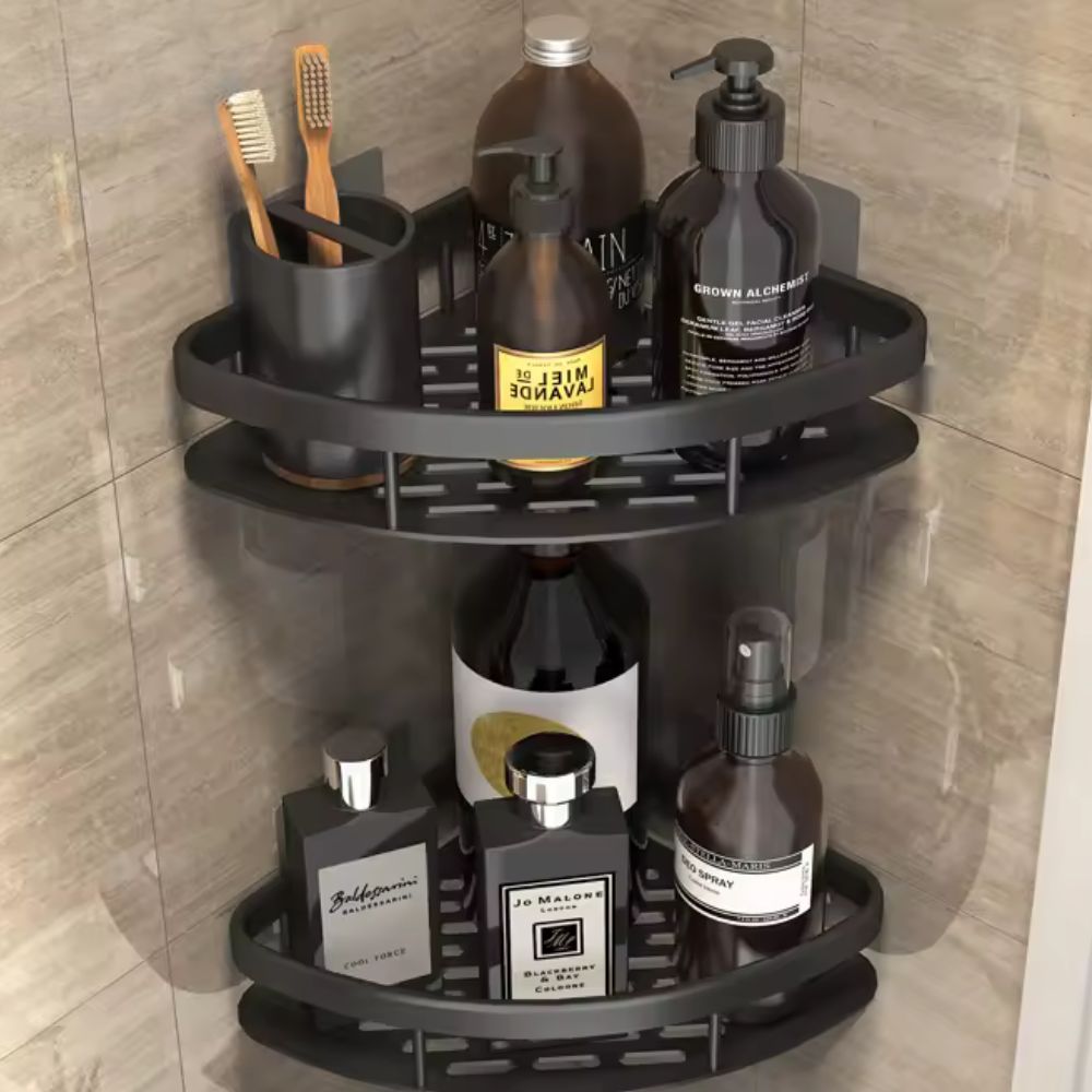 Wall Mounted Shower Caddy with Aluminum Curved Design and Drainage Holes