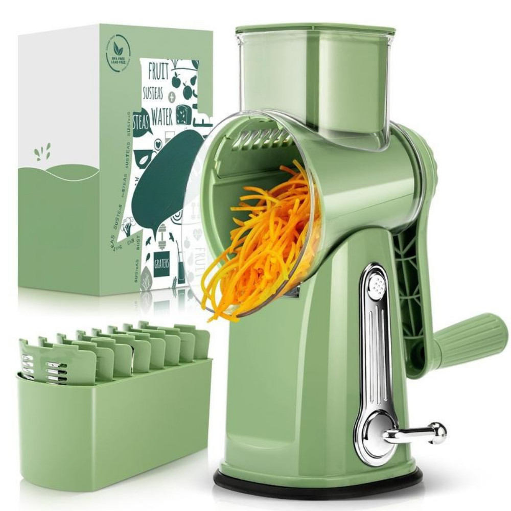 Rotary Grater with Five Interchangeable Blades and Suction Cup Base