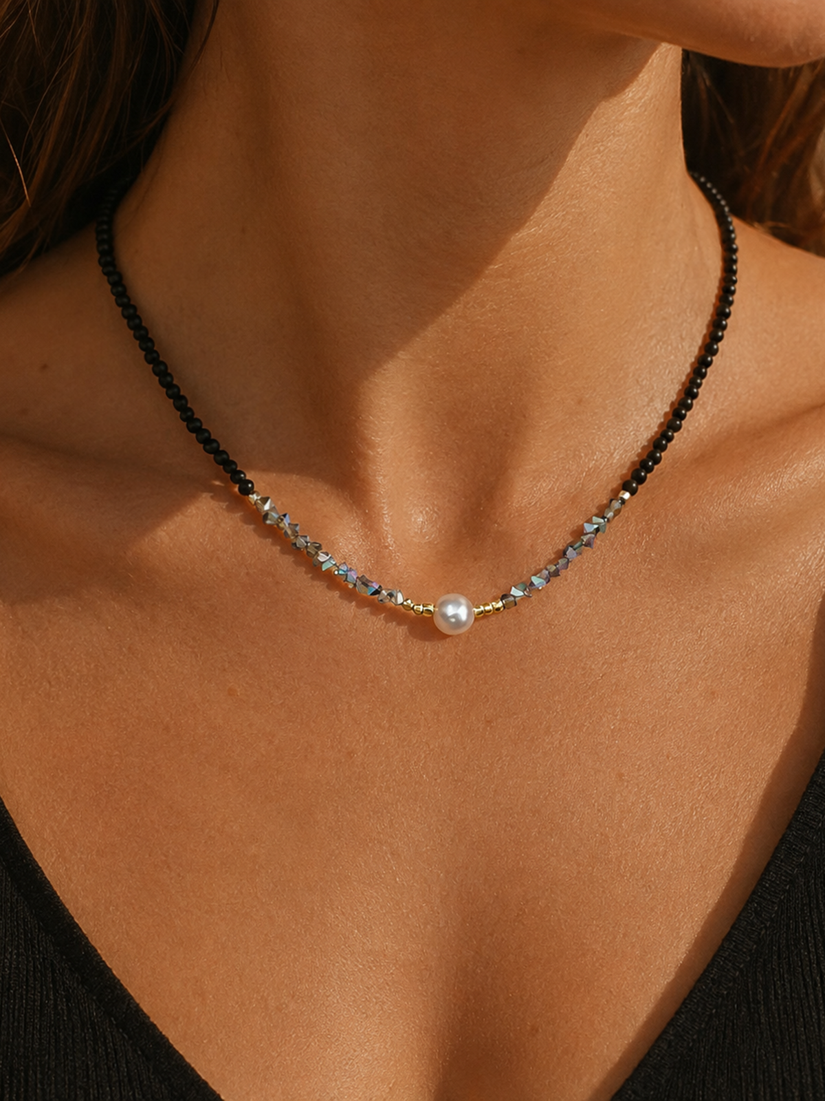 Black Beaded Choker Necklace with Single Pearl Accent, 16.9 Inches Long