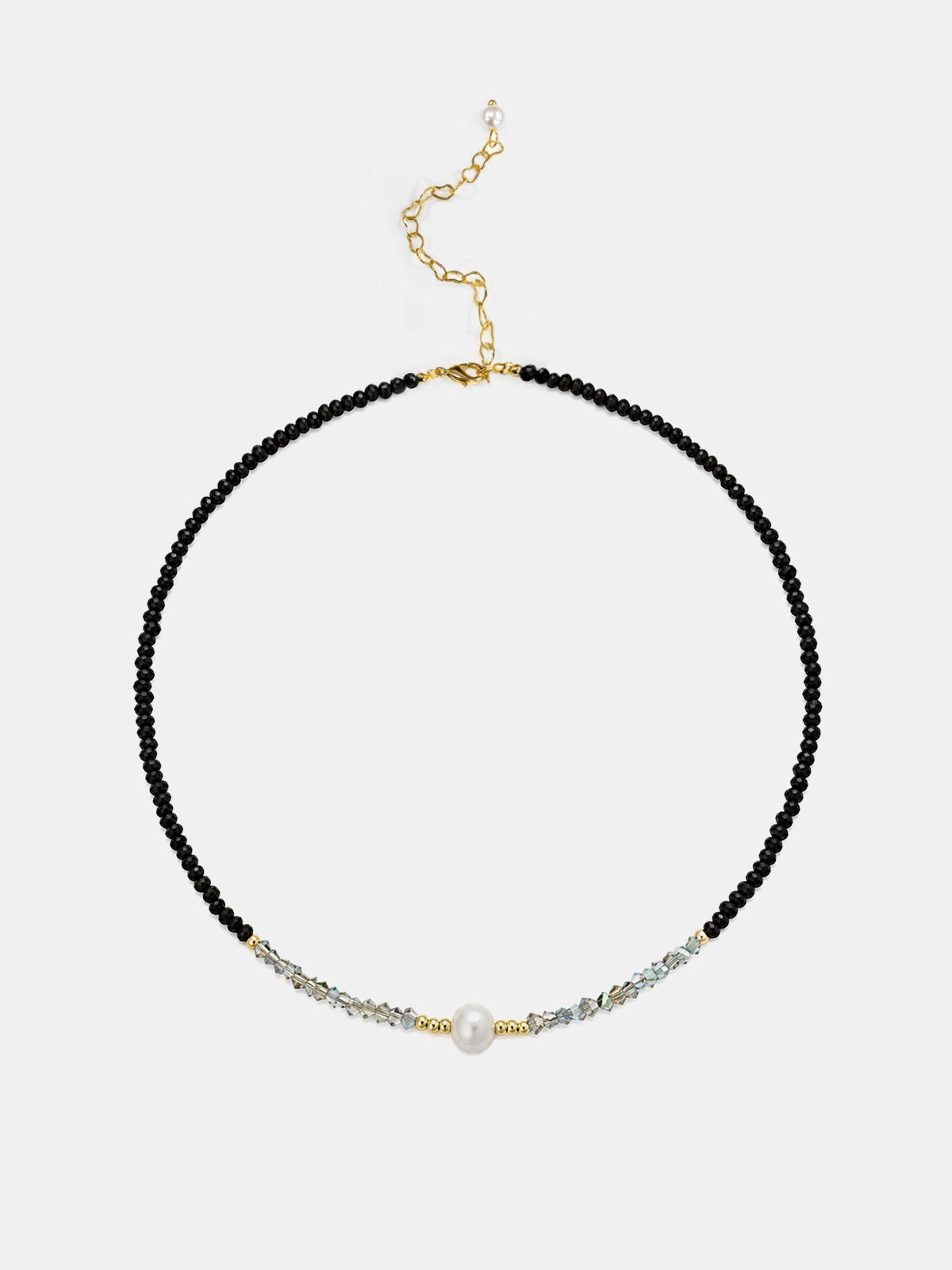 Black Beaded Choker Necklace with Single Pearl Accent, 16.9 Inches Long