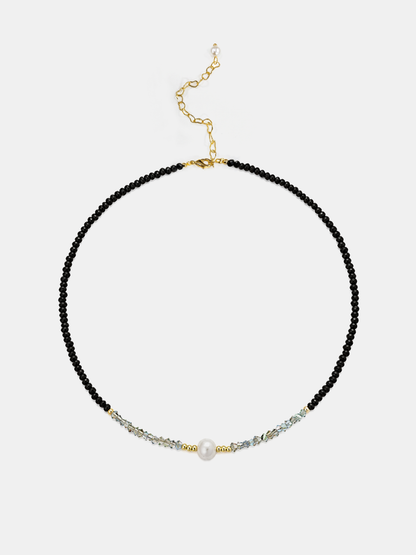 Black Beaded Choker Necklace with Single Pearl Accent, 16.9 Inches Long